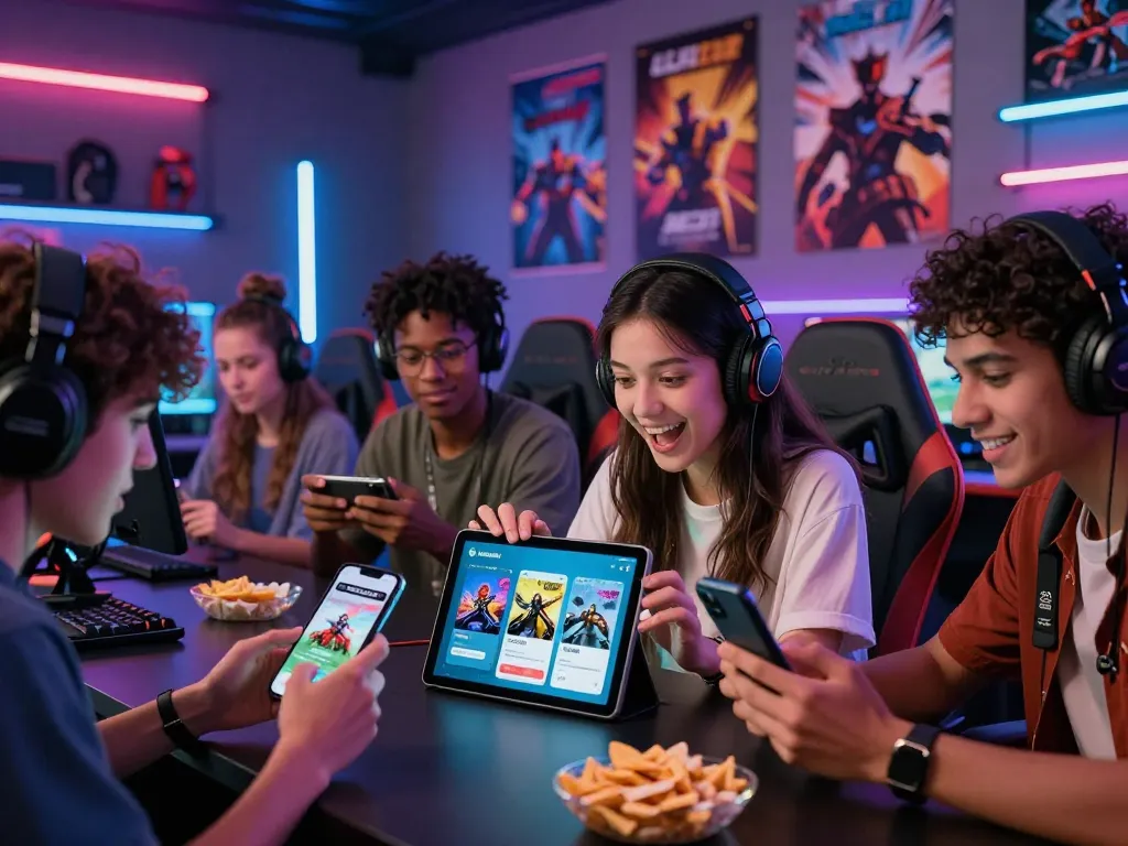 Friends excited to tải sun win on their devices while enjoying a gaming night.