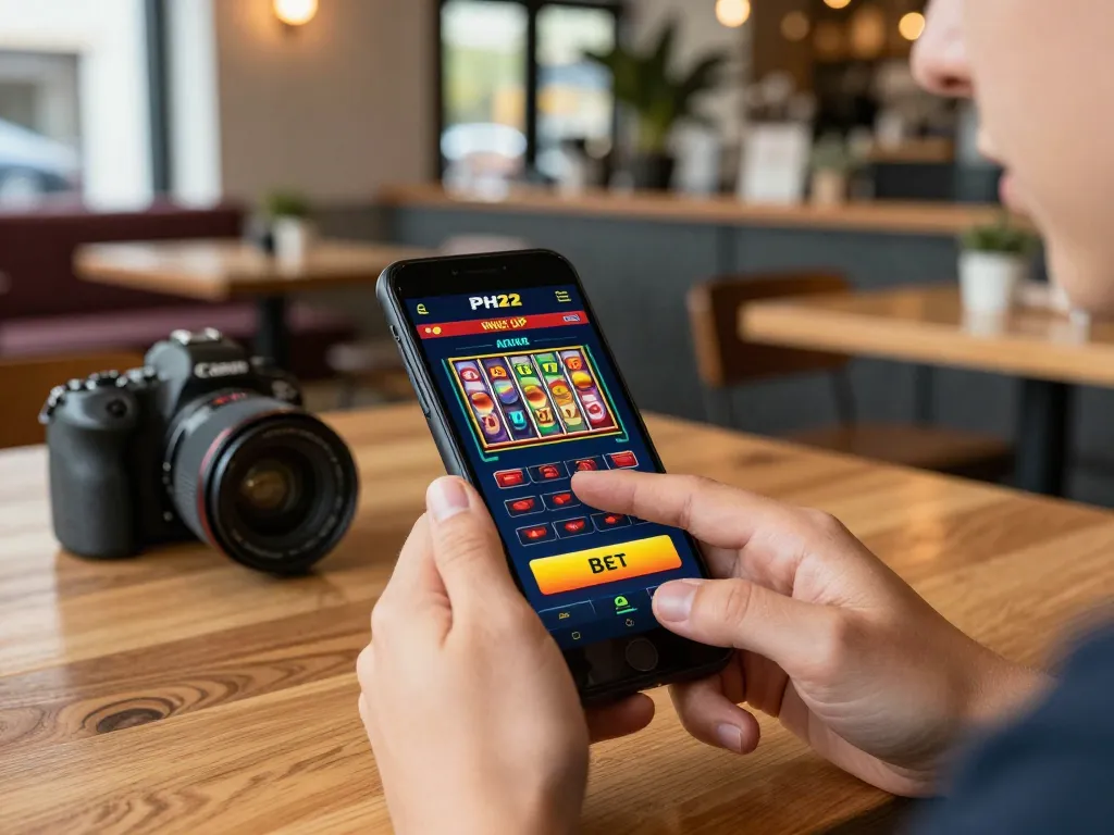 Engaging in mobile gaming on the PH22 app while surrounded by a cozy café atmosphere, reflecting modern online gambling.