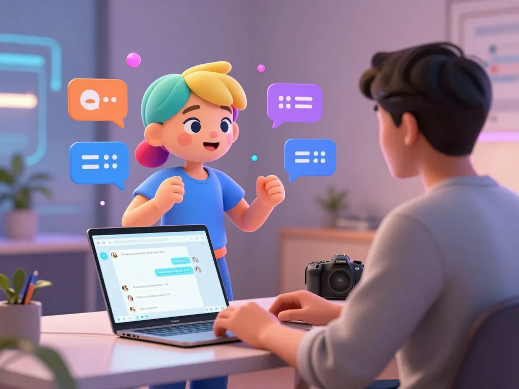 Engaging chat between a user and an AI character exploring the concept of a crush on technology, inviting atmosphere and vibrant colors.
