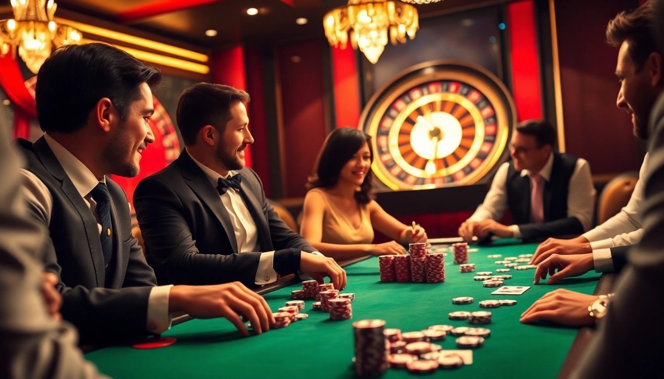 Players enjoy a thrilling poker game showcasing the excitement of go8 at a luxurious casino table.