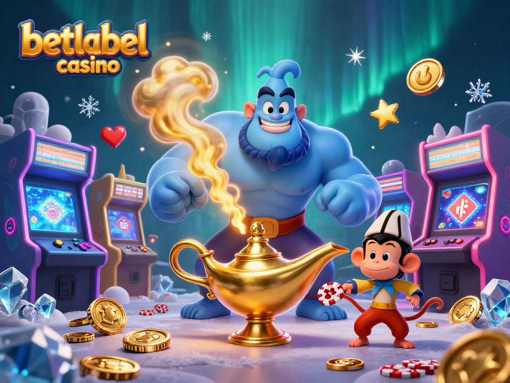 Experience immersive gaming at betlabel casino with our genie, monkey, and poker chips in vibrant digital art.