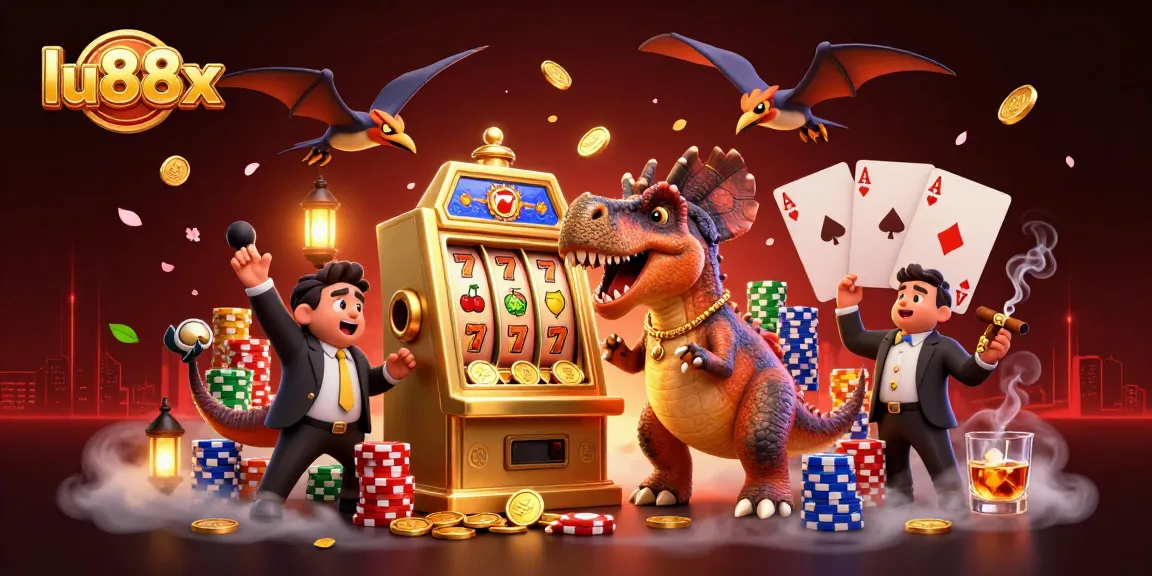 Experience thrilling jackpots with lu88x as dinosaurs engage in a dynamic casino scene.