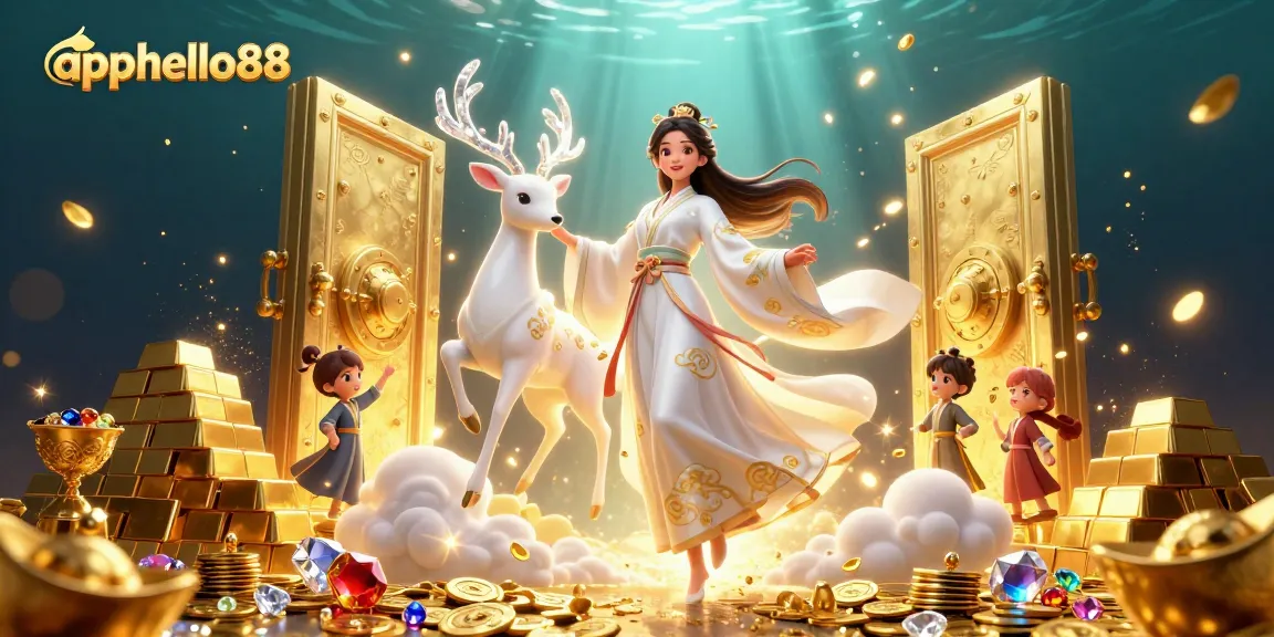 Experience thrilling gameplay with apphello88, featuring a captivating scene with golden treasures and floating characters.