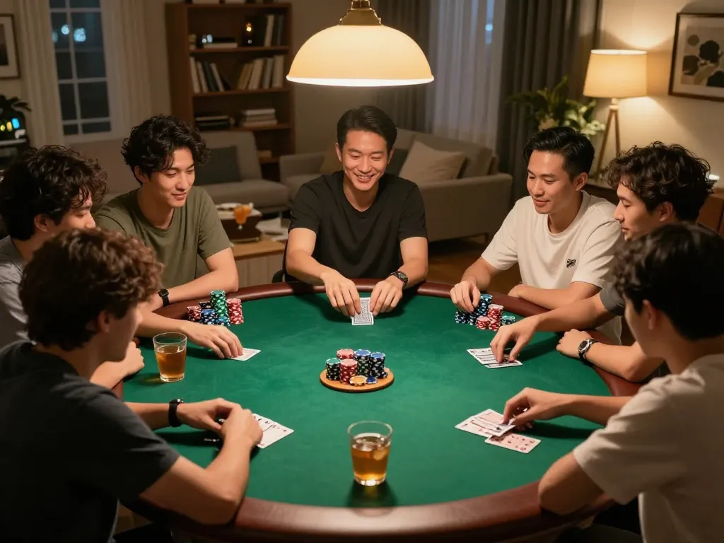 Kuwin-focused players engaged in an exciting home poker game, showcasing chips, cards, and camaraderie.