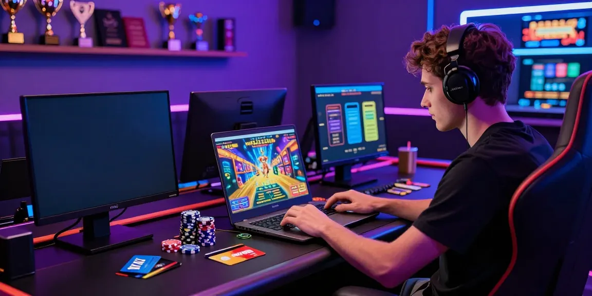 Player engaged in online casinos that accept credit cards, surrounded by gaming elements and vibrant ambiance.
