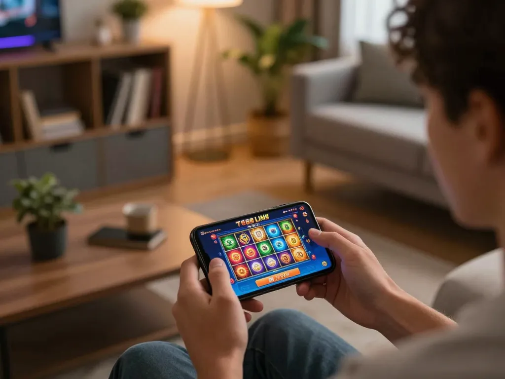 Engaging with the TG88 LINK through a smartphone in a cozy setting, showcasing online gaming