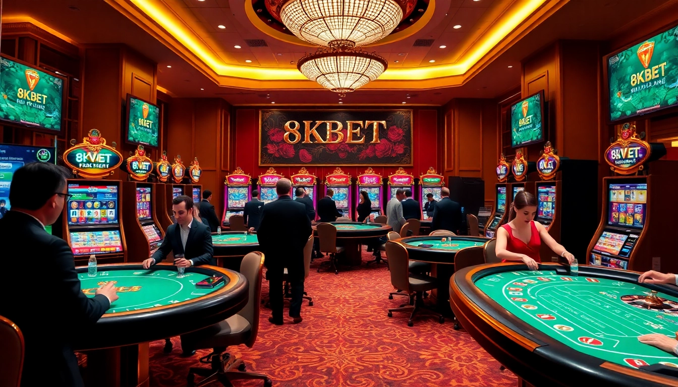 8KBET gaming area featuring luxurious casino tables and thrilling slot machines in a vibrant setting