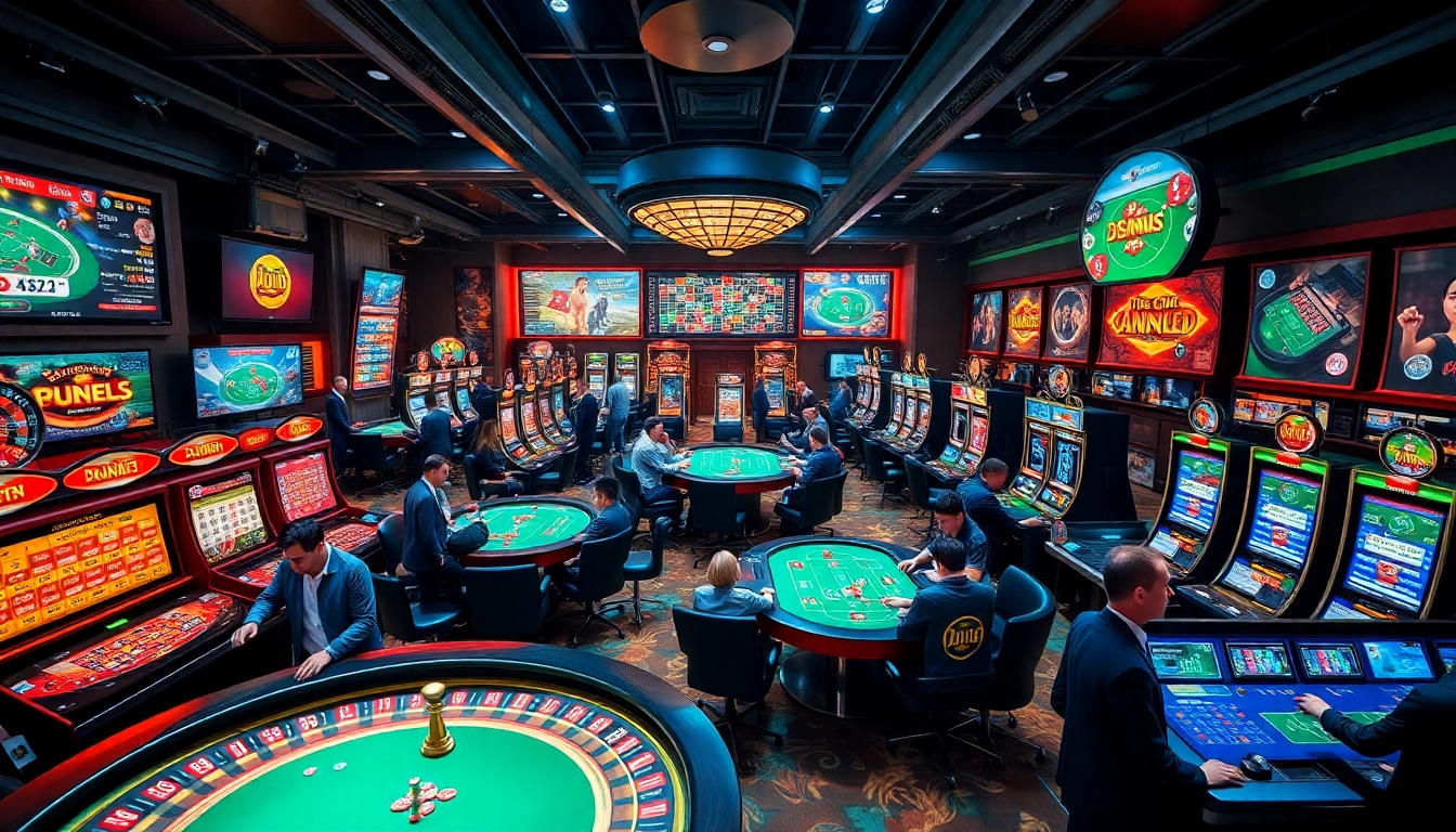 Dynamic casino scene at 98win with vibrant games and engaged players, showcasing excitement and luxury.
