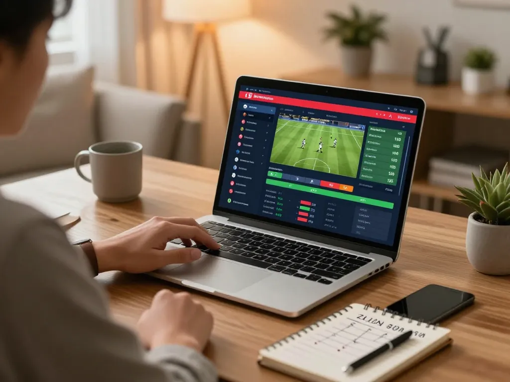 Engaging in keo nha cai sports betting from a cozy home office with strategy notes nearby.