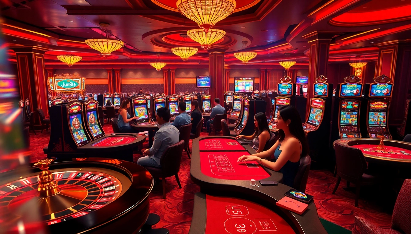 Players enjoying blackjack and slots at jun88's luxurious casino.