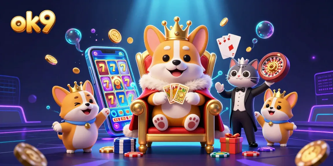 Experience the excitement of ok9 with a royal corgi on a poker chip throne surrounded by vibrant gaming elements.