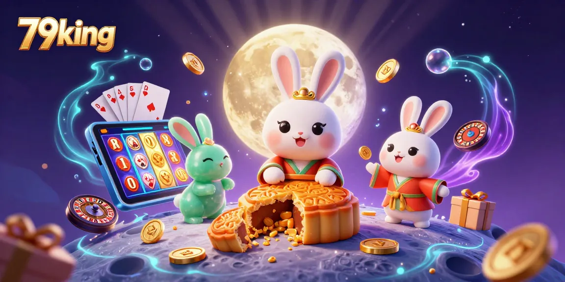 Experience the thrill of 79king with a magical scene of a moon rabbit revealing poker chips among golden treasures.