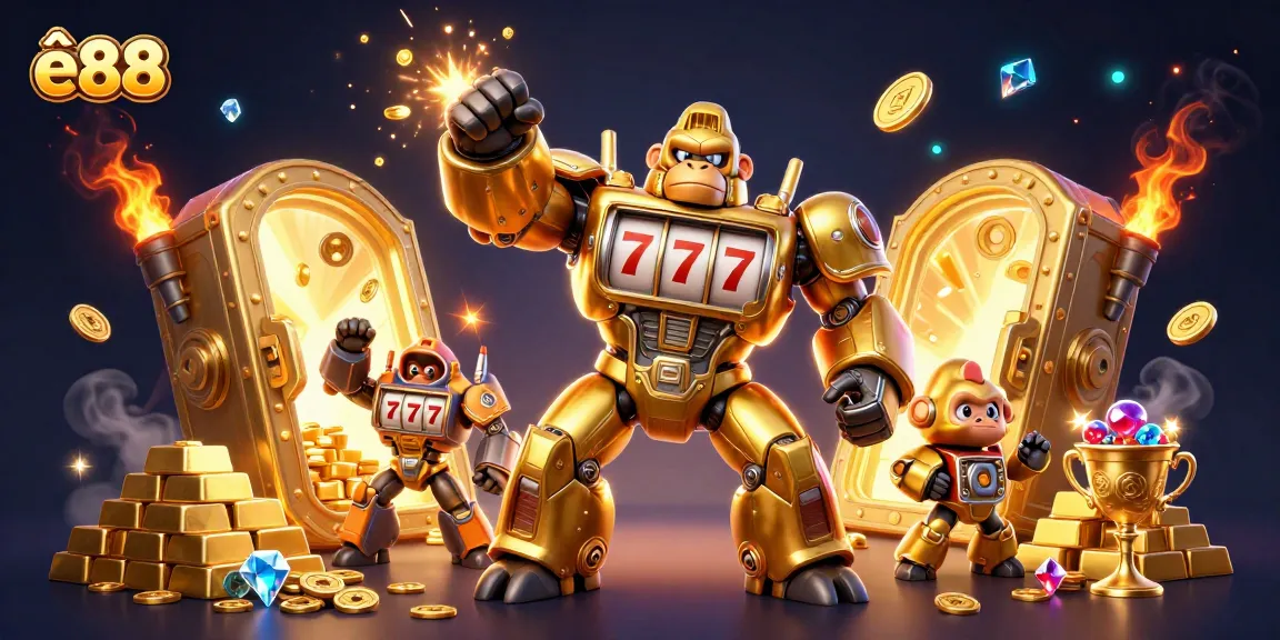Experience exciting wins at ê88 with a dynamic, colorful 3D casino illustration featuring vibrant characters and treasures.