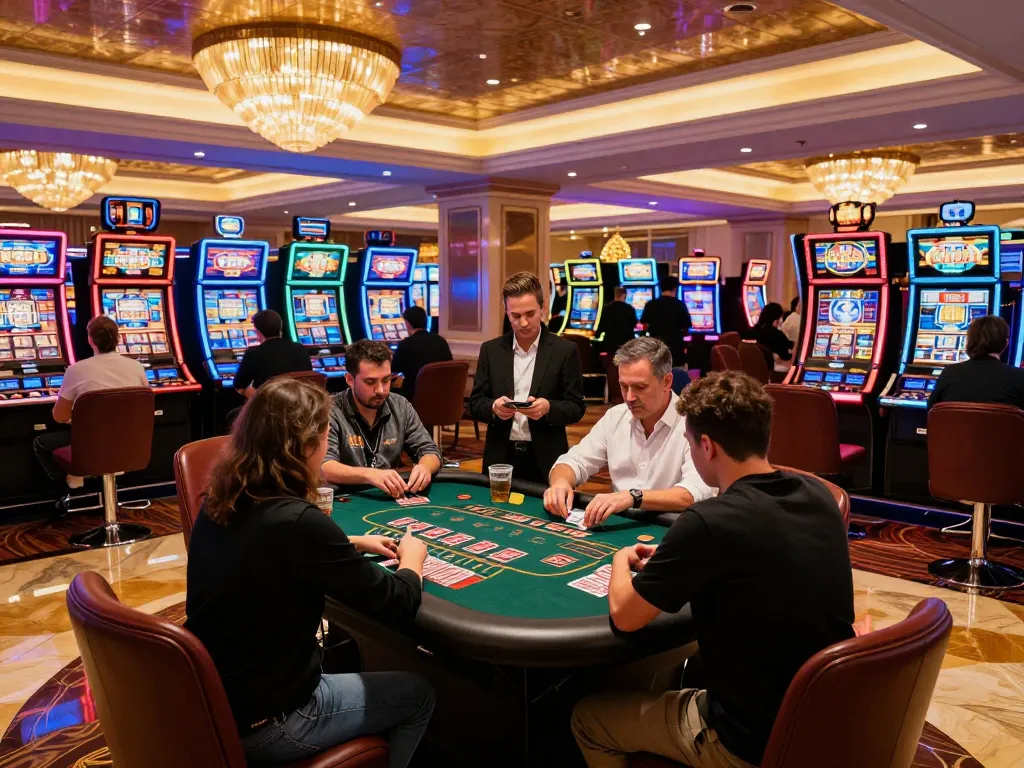 Players engaging at blackjack table with vibrant slot machines background at https://suncity.global/ casino.