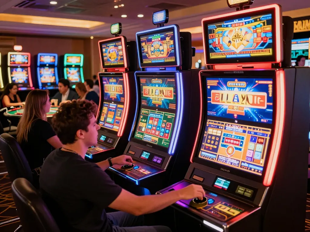Players engaging with sunwin slot machines amid bright casino lights, showcasing excitement and fun.