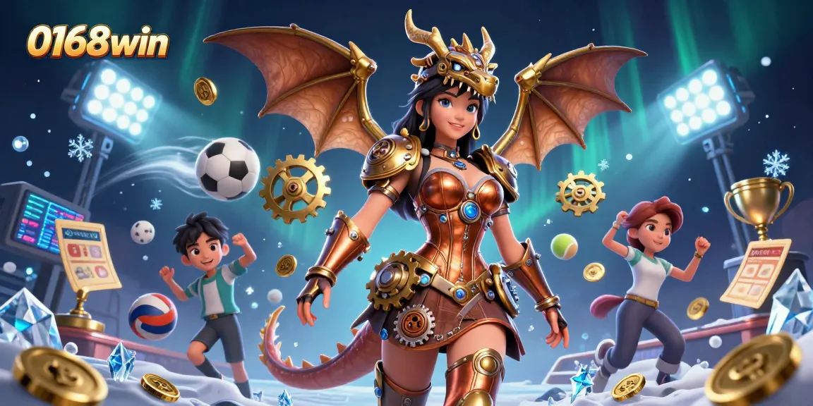 Engage with thrilling games at 0168win, featuring dynamic sports balls and a stunning dragon in an electrifying casino setting.