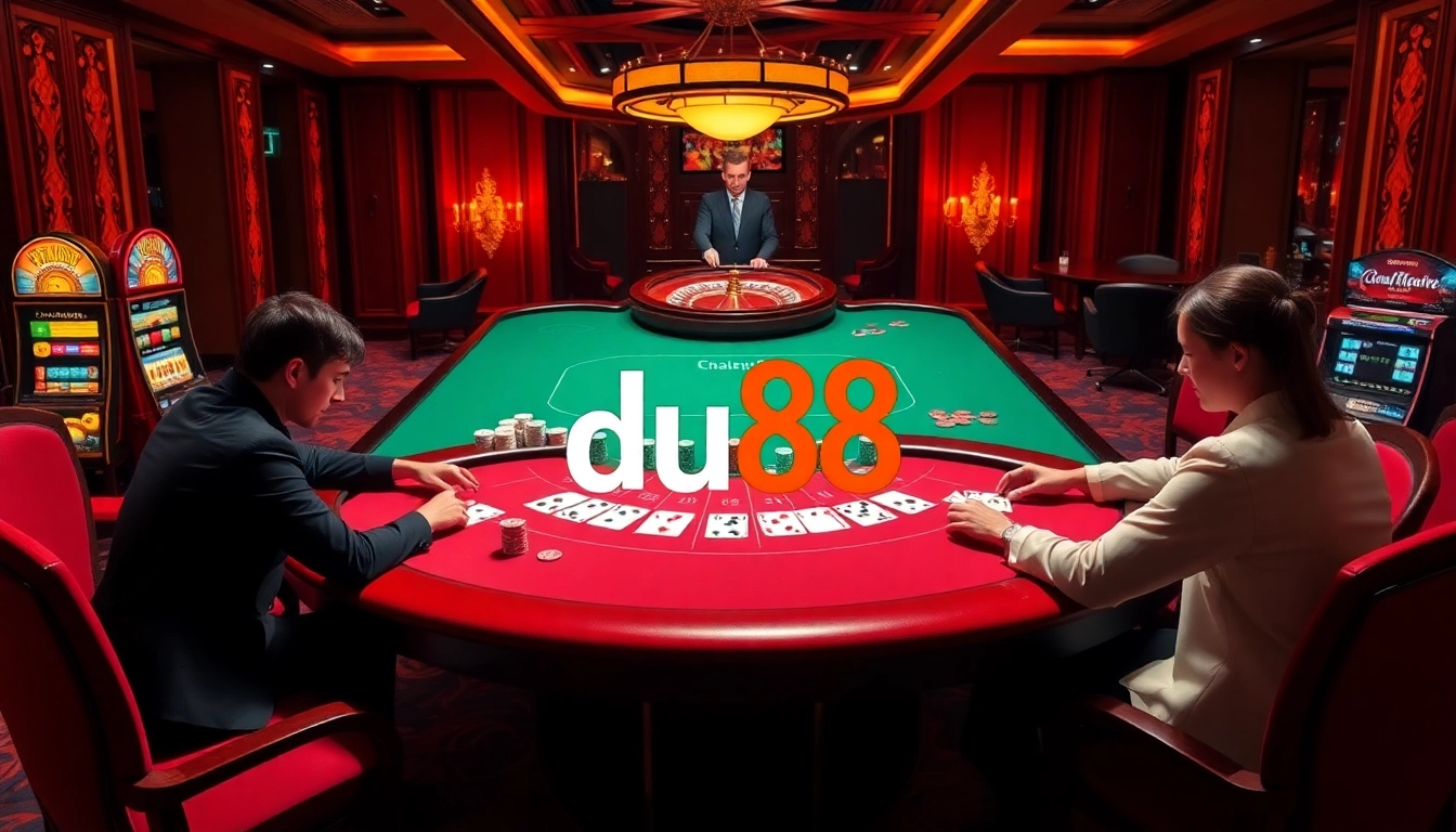 Engaging poker players in a luxurious casino scene with du88 highlights, featuring vibrant chips and cards.