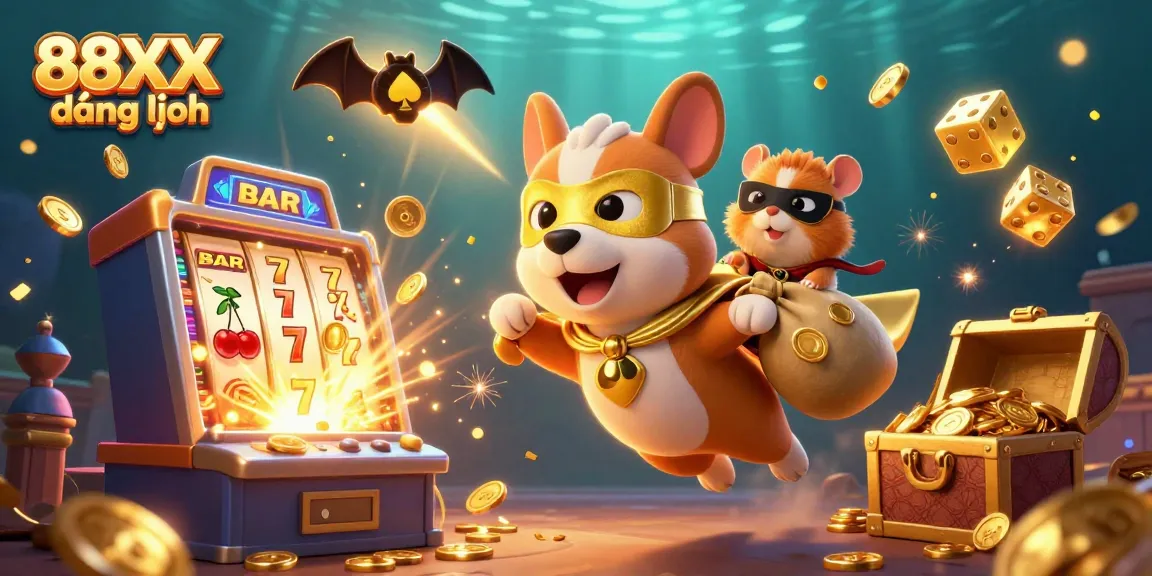 Engage with 88XX đăng nhập in a vibrant casino world, featuring superhero dog and sidekick
