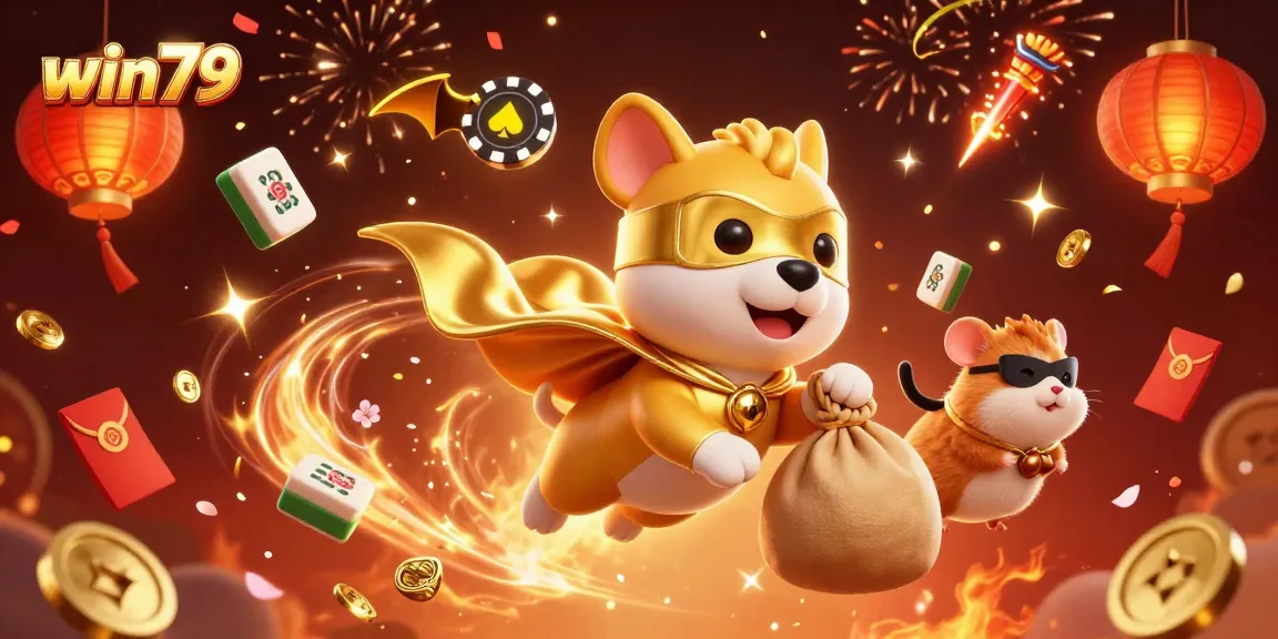 Win79 superhero dog flying with gold coins, surrounded by vibrant casino elements and festive fireworks.