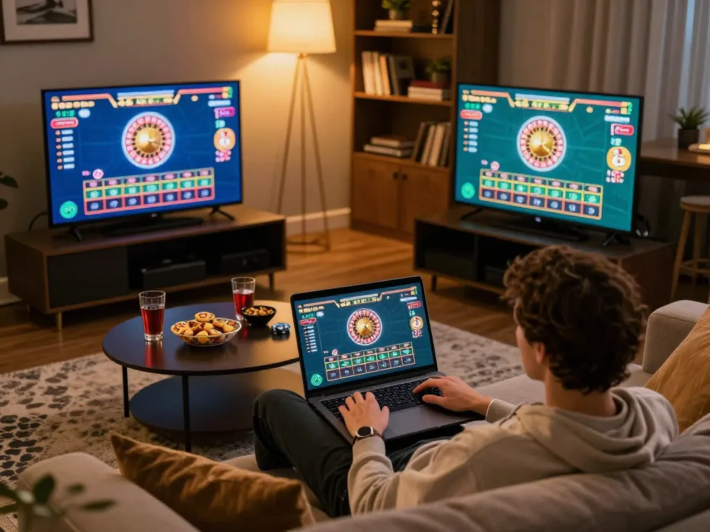 Player enjoying live casino games on their laptop at home with 88vv interface displayed