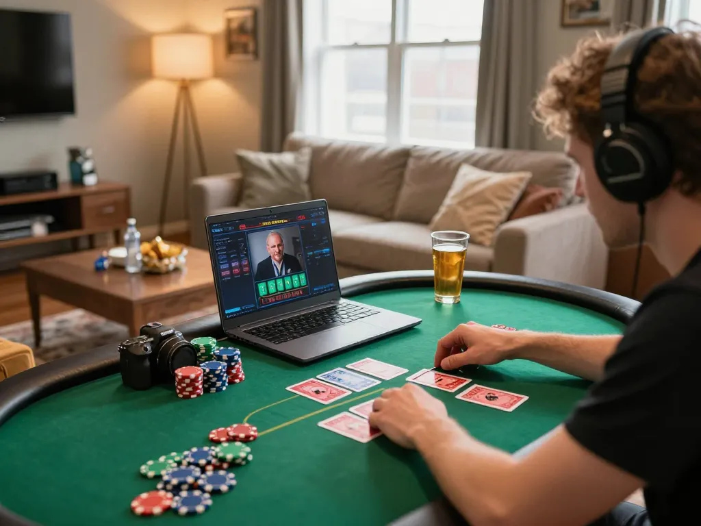 Engaged player using LV88 online poker platform in a cozy home gaming environment