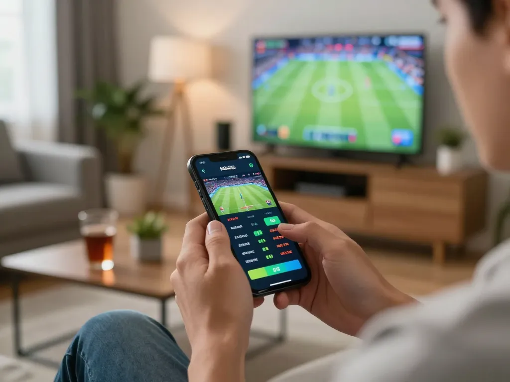 A player uses the oxbet app for live sports betting in a modern living room.