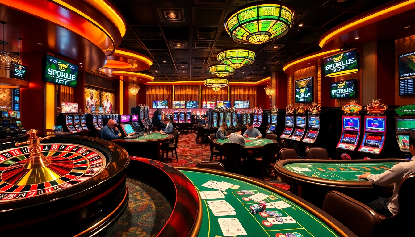 Lively sports betting scene at https://luongsontv23.com/ with players engaged at roulette and poker tables.