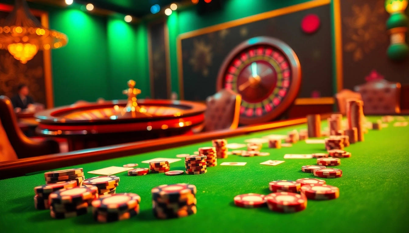 Experience thrilling gaming at LC88 with vibrant casino elements including cards, chips, and roulette.