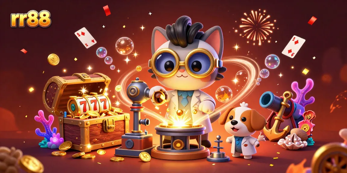 Experience exciting gameplay with rr88, featuring a lively 3D casino scene with mad scientist cat and dog.