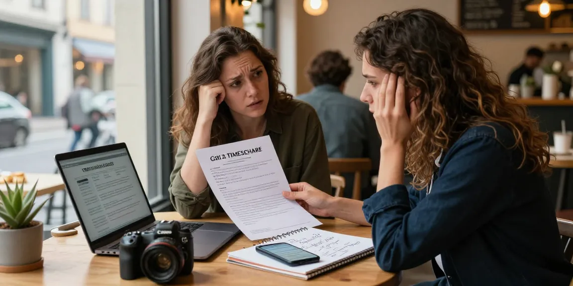 Couple discussing how can you get rid of a timeshare while exploring cancellation options at a cafe.