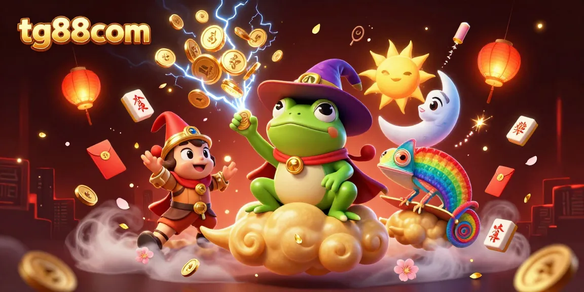 tg88com brings a vibrant 3D illustration of a wizard frog and chameleon amidst golden coins and festive elements, depicting excitement in gambling.