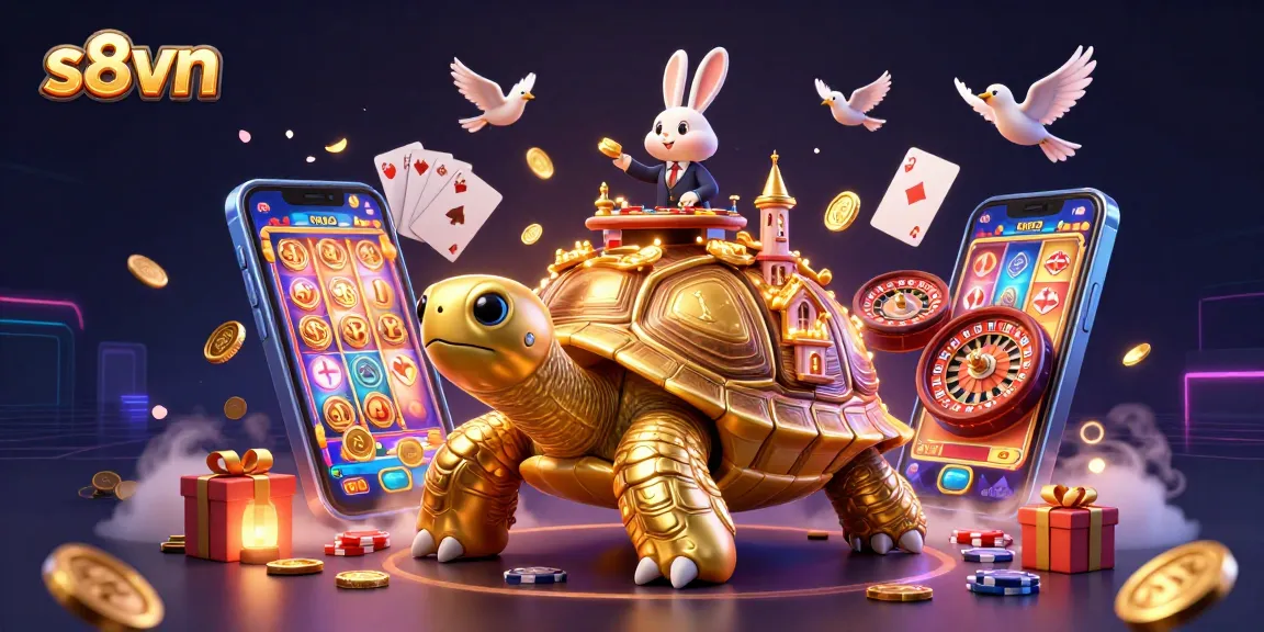 Experience thrilling gameplay with s8vn featuring a giant golden tortoise casino scene with a rabbit dealer and gold coins.
