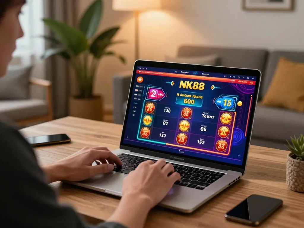Engaging in thrill of online gambling on NK88 with vibrant game interface displayed on laptop.