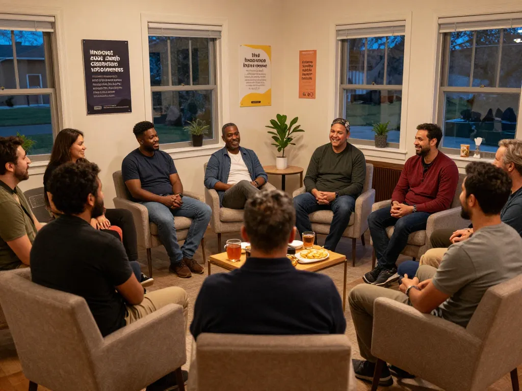 Men club gathering in a supportive environment sharing stories and laughter, fostering connection.