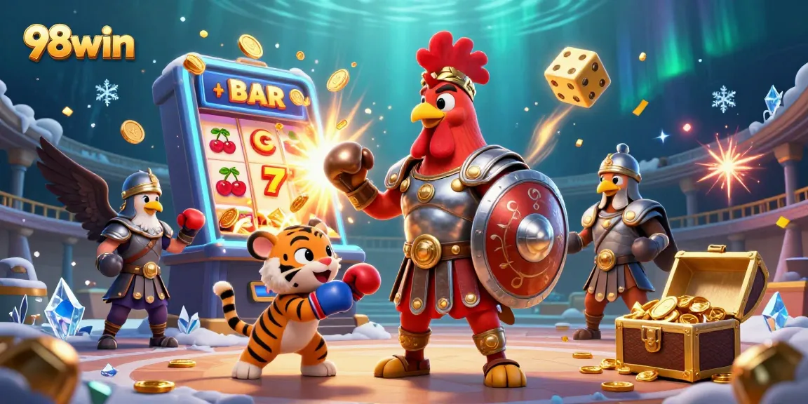Jackpot excitement at 98win with a colorful 3D casino scene featuring vibrant characters and games.