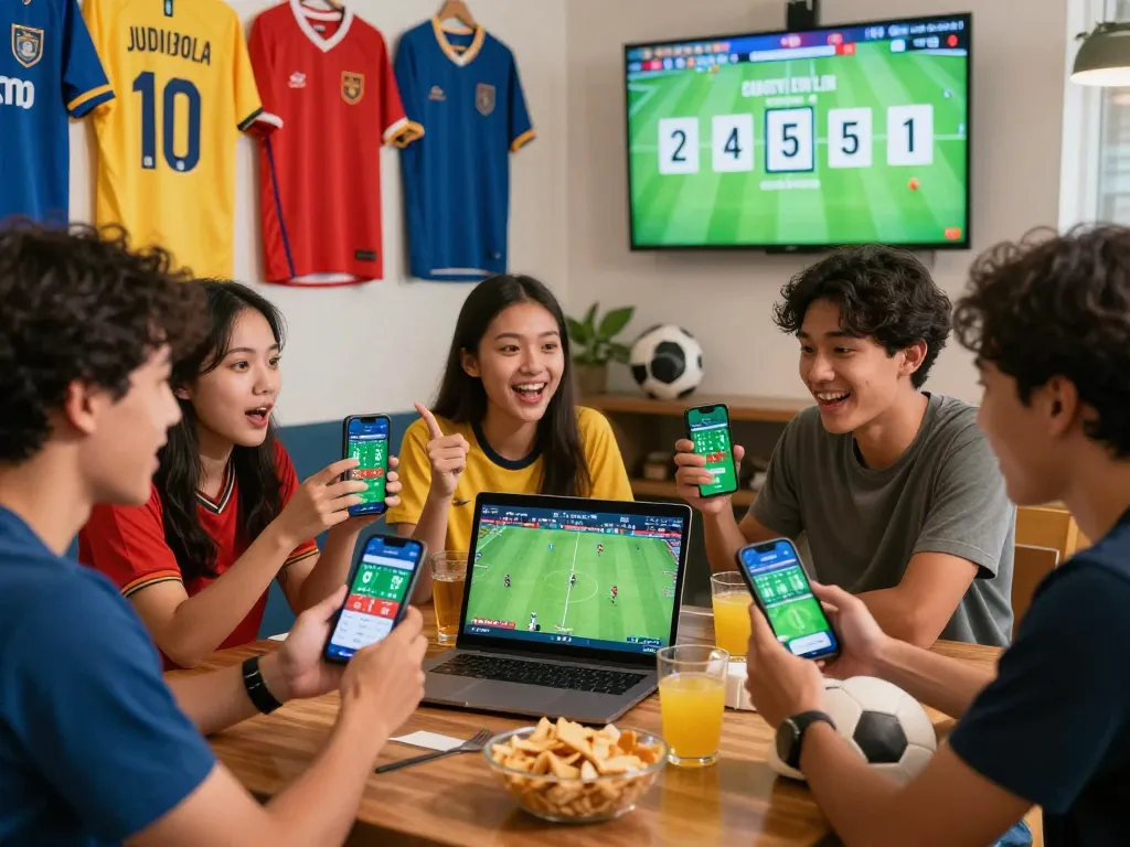 Friends enjoying Judi Bola betting discussion with enthusiastic energy and football-themed decorations.