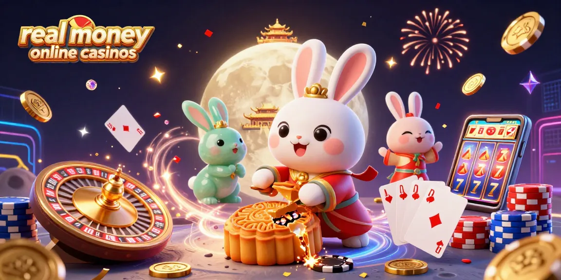 Engaging 3D illustration of real money online casinos featuring casino elements, poker chips, and rabbits.