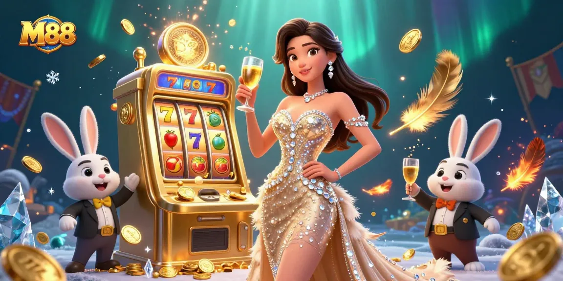 M 88 casino scene showcasing a glamorous woman celebrating by a golden jackpot slot machine surrounded by vibrant gaming elements.