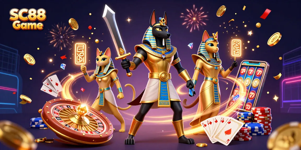 Experience thrilling wins with SC88 Game in a vibrant online casino scene featuring Anubis and Bastet.
