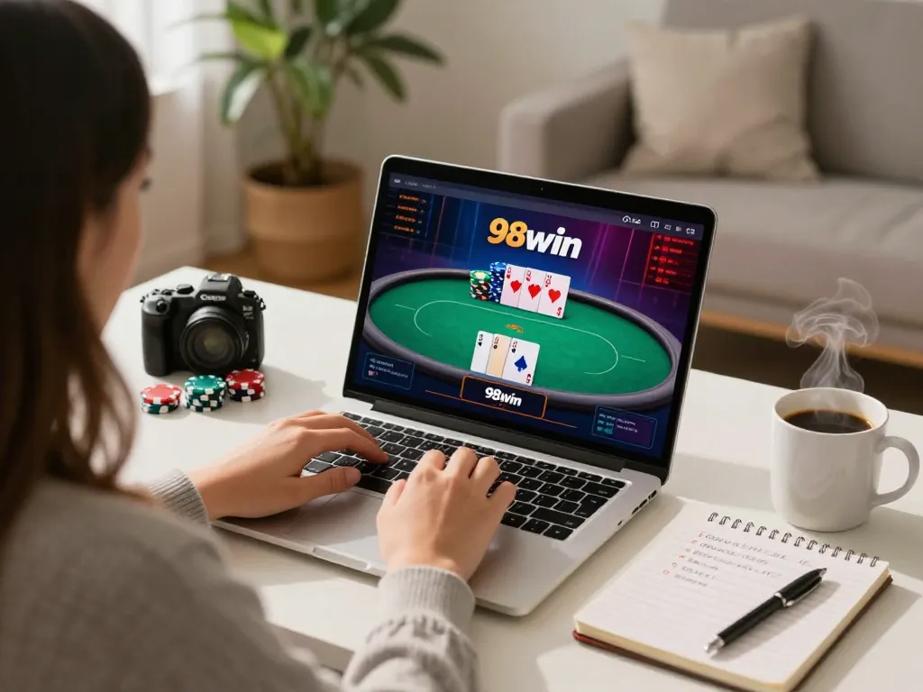 Engaged player utilizing 98win com for a vibrant online poker game at their cozy home desk