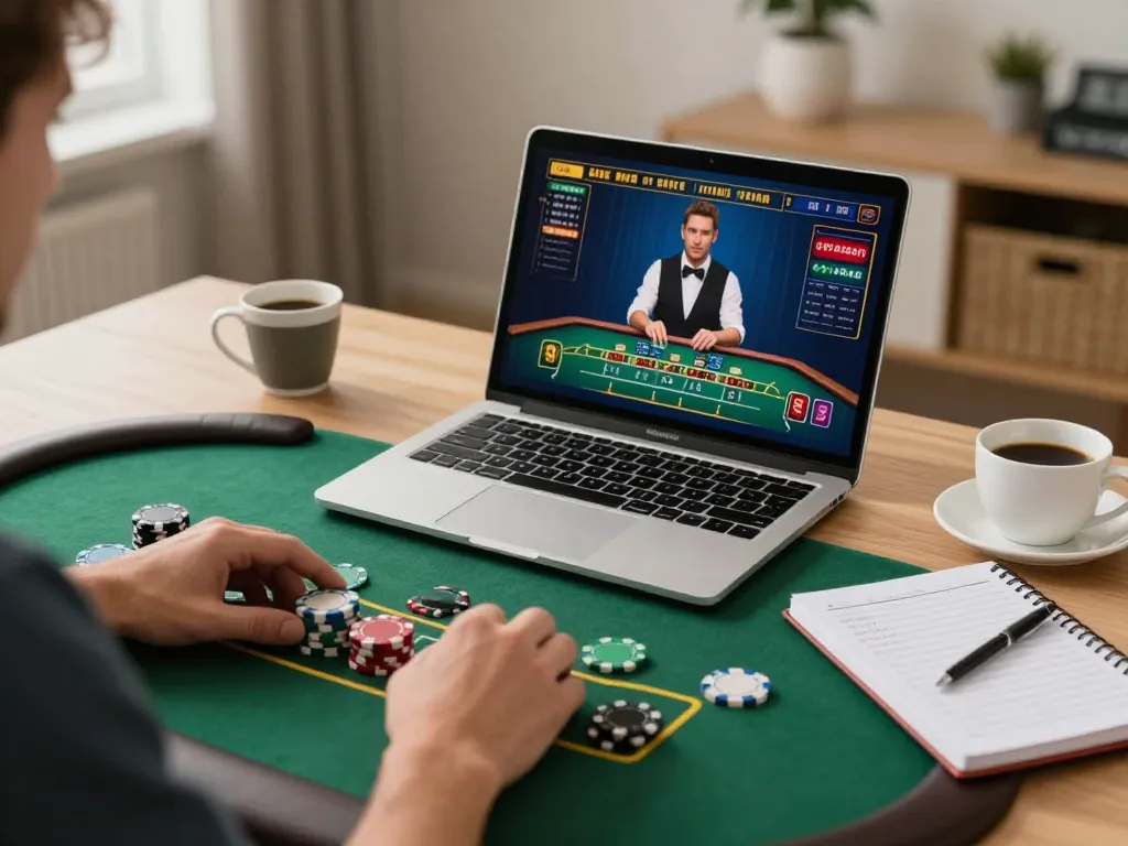 Player enjoying a live blackjack game on 23Win, showcasing strategic betting in a cozy atmosphere.