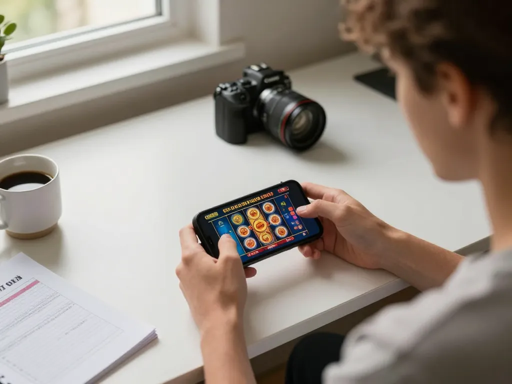 Player engaging with SC88 slot game app on smartphone at home, showcasing modern gaming setup