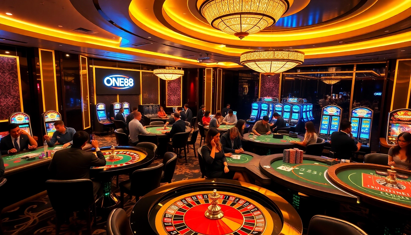 Exciting gambling action in the luxurious ONE88 casino with vibrant poker chips and roulette wheels.