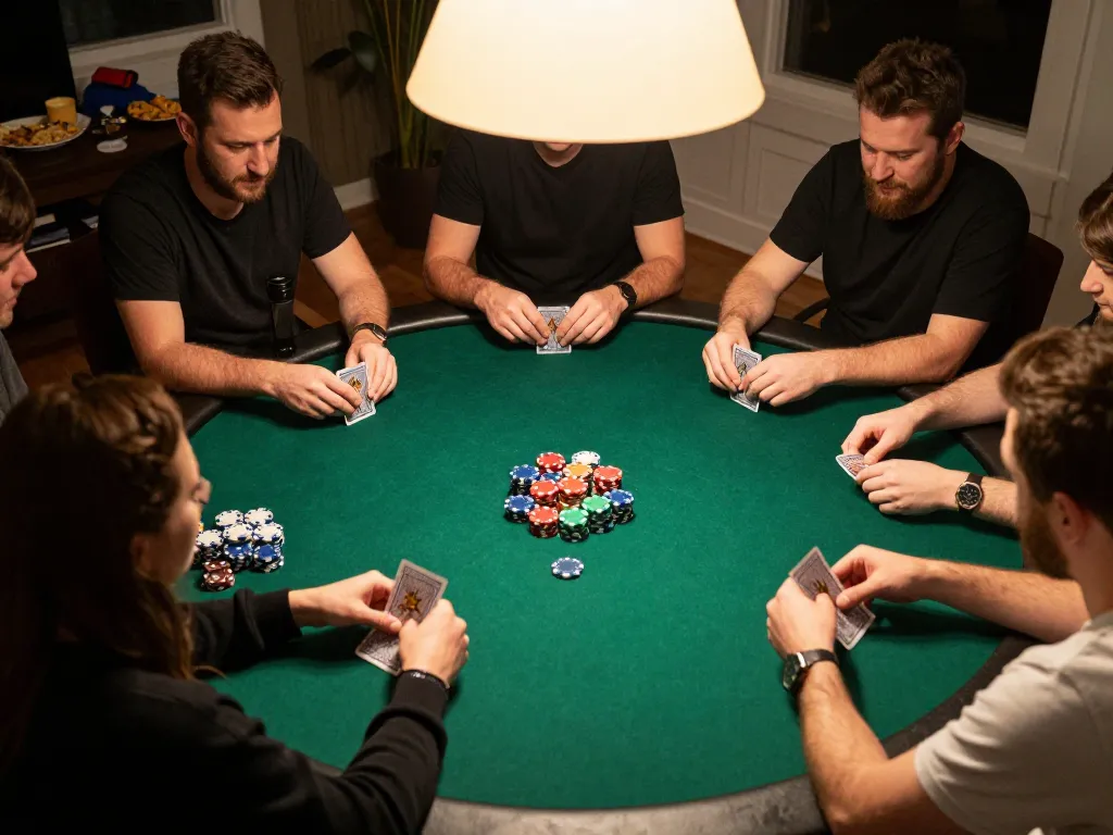 98 win poker game in a cozy home setting with players enjoying a friendly competition.
