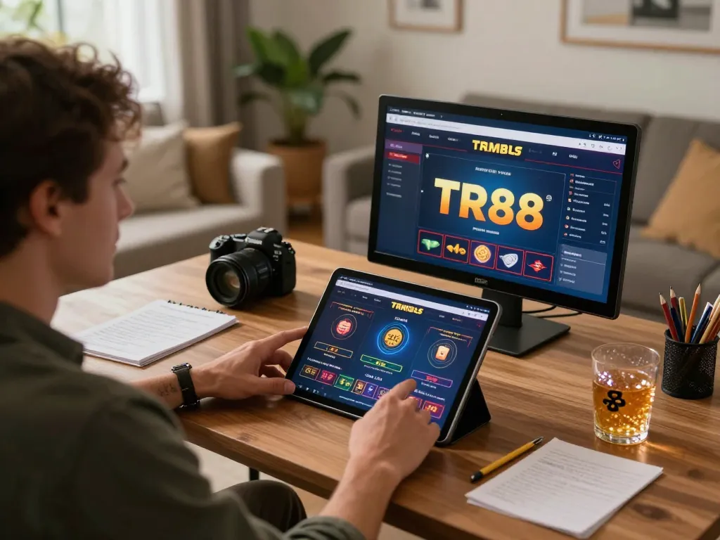Player strategizing with TR88 app in cozy home gaming setup, showcasing responsible gambling