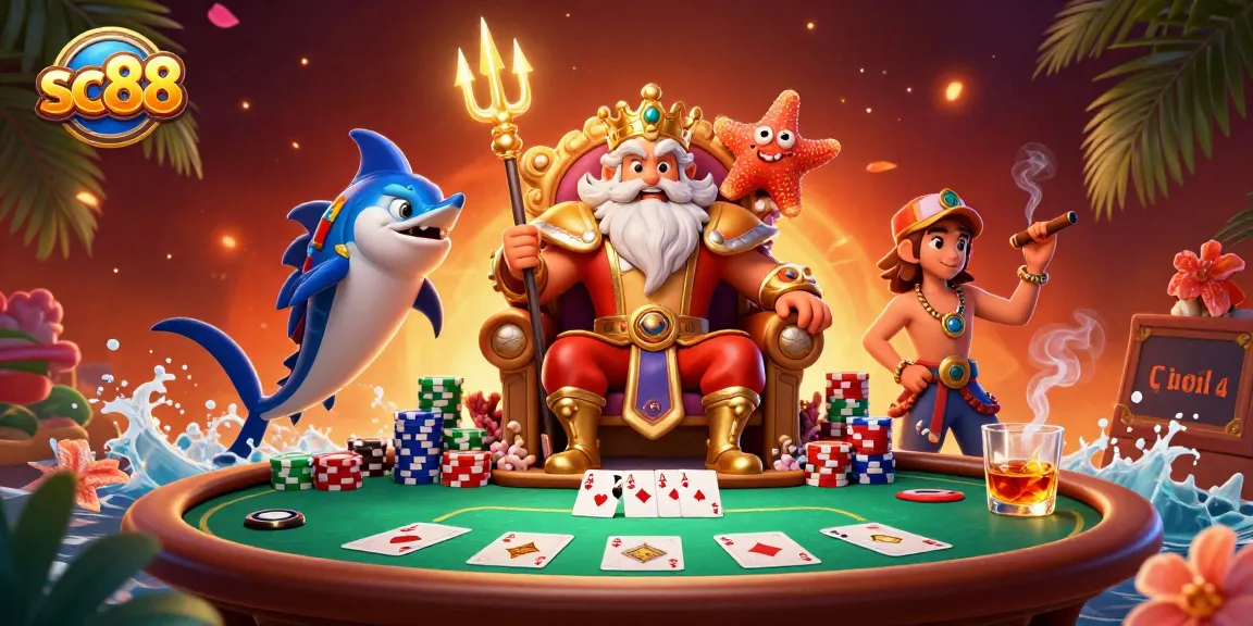 Experience exciting gameplay at sc88 with exhilarating casino action featuring poker, tridents, and decorated characters.