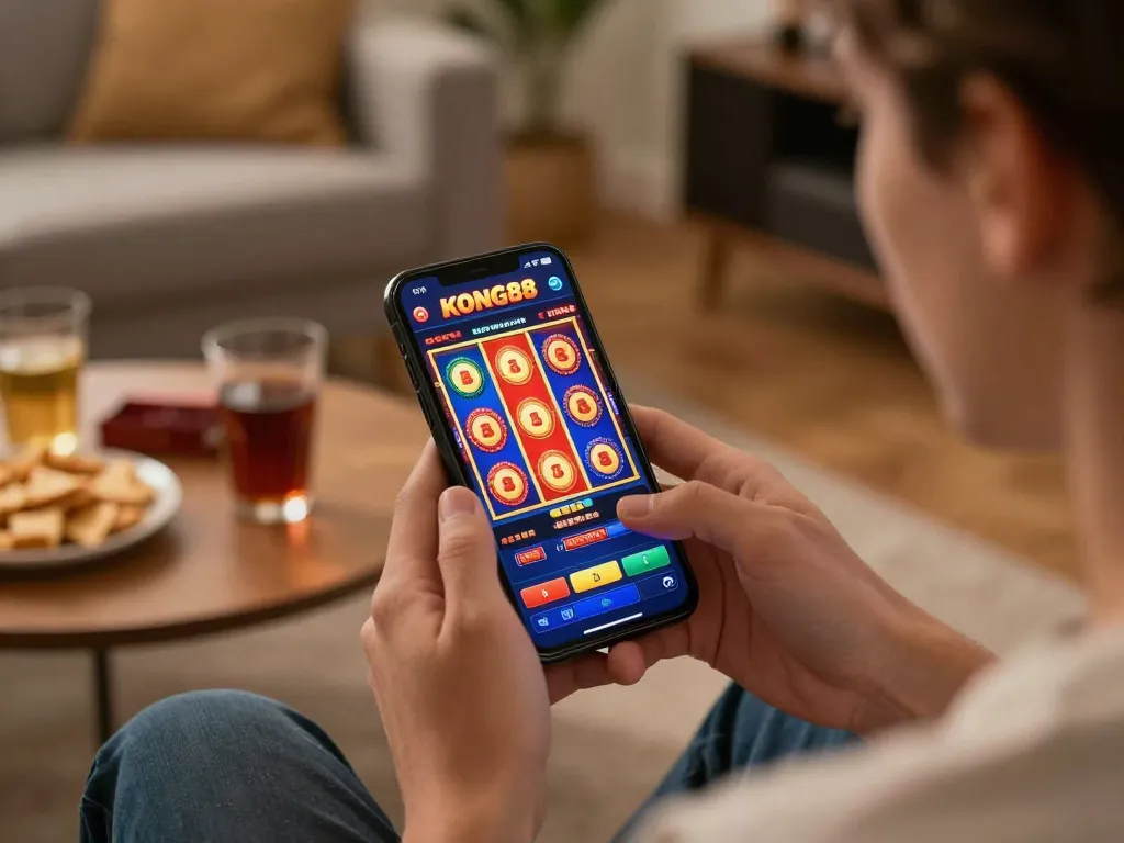 KONG88 user enjoying online slots on their smartphone, highlighting responsible gambling habits in a cozy home setting.