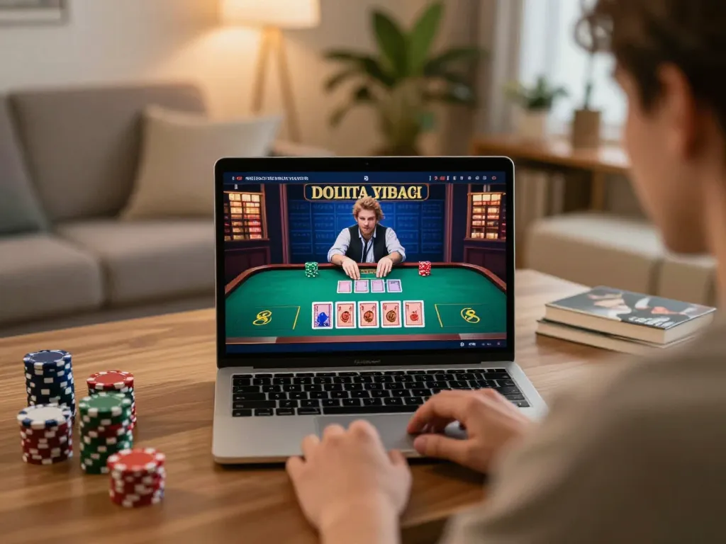 Player engaging in online gambling showing tt88 lừa dảo on their laptop, emphasizing a comfortable home setting.