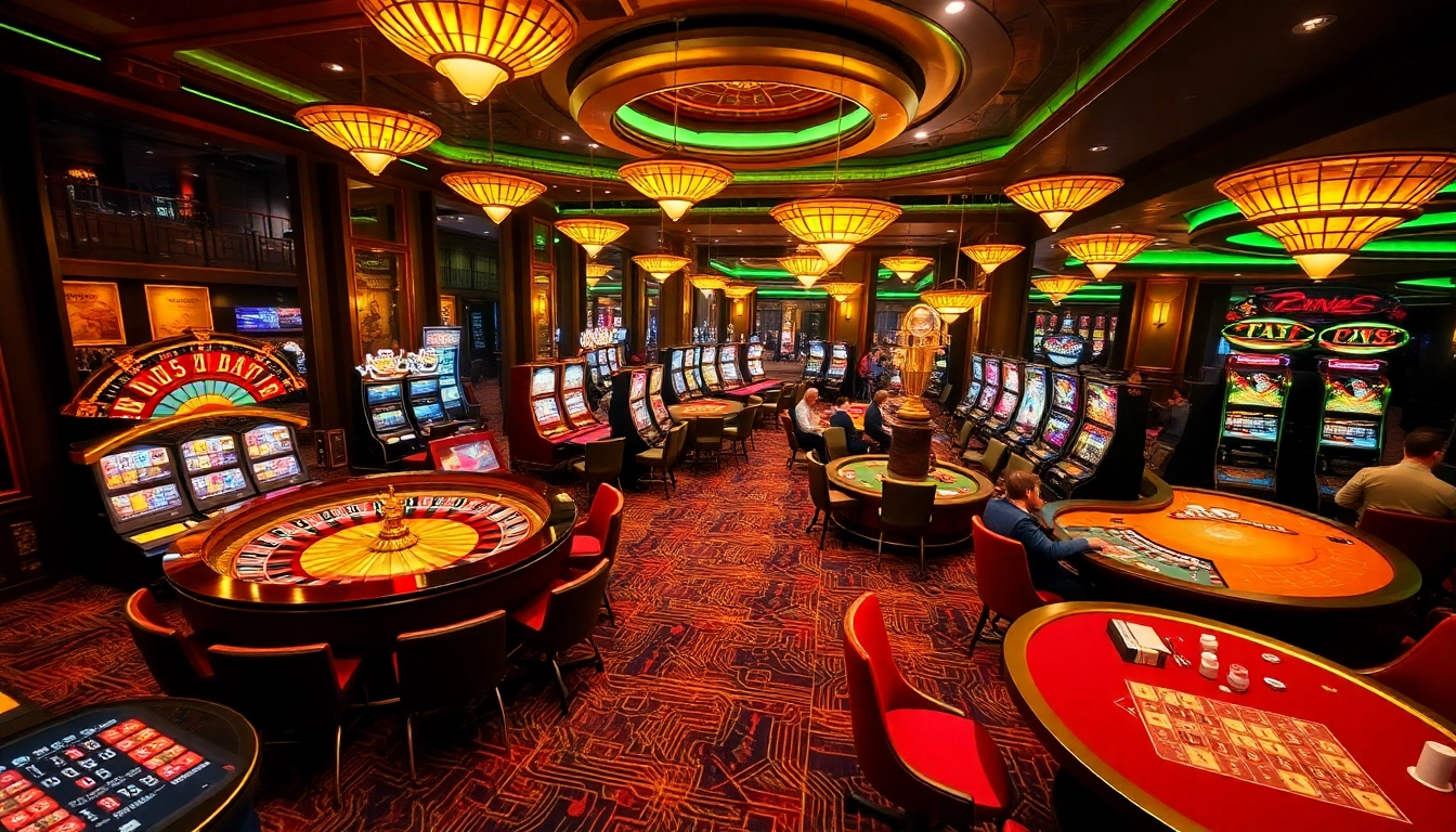 Experience thrilling gameplay at five88 in a luxurious casino setting with roulette and blackjack tables.