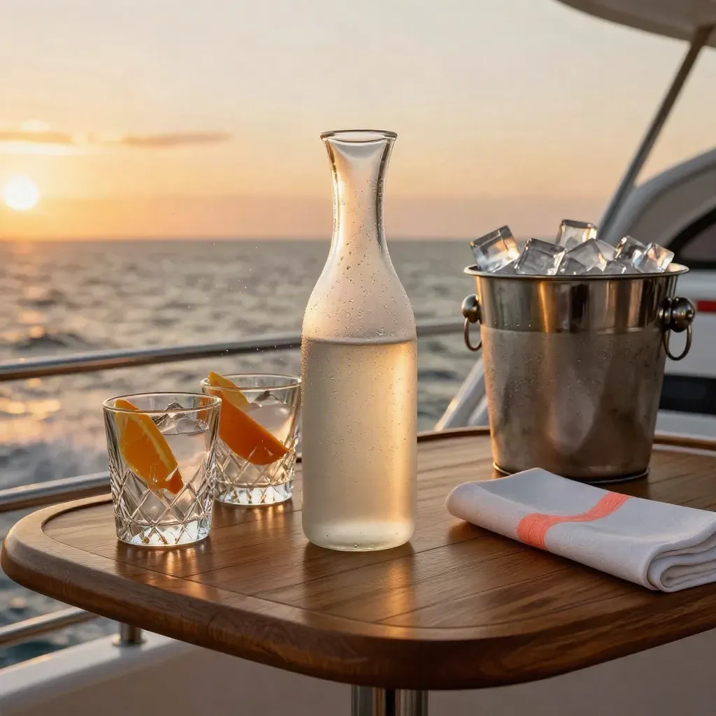 Tavolino di pozzetto con caraffa fredda, bicchieri e agrumi davanti al mare al tramonto.